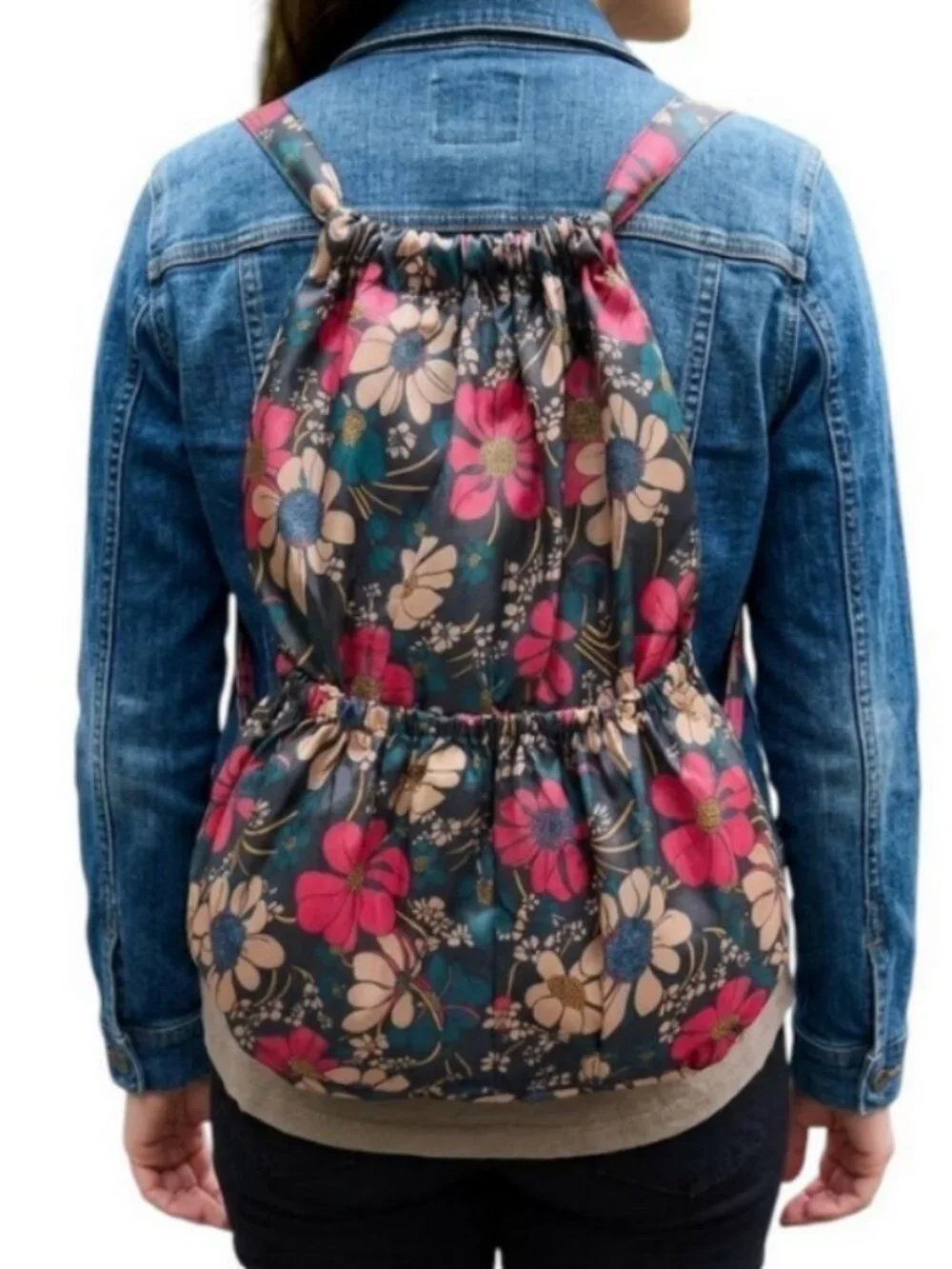 Floral Drawstring Backpack Nylon Polyester Large Travel Gym Cinch Bag Tote